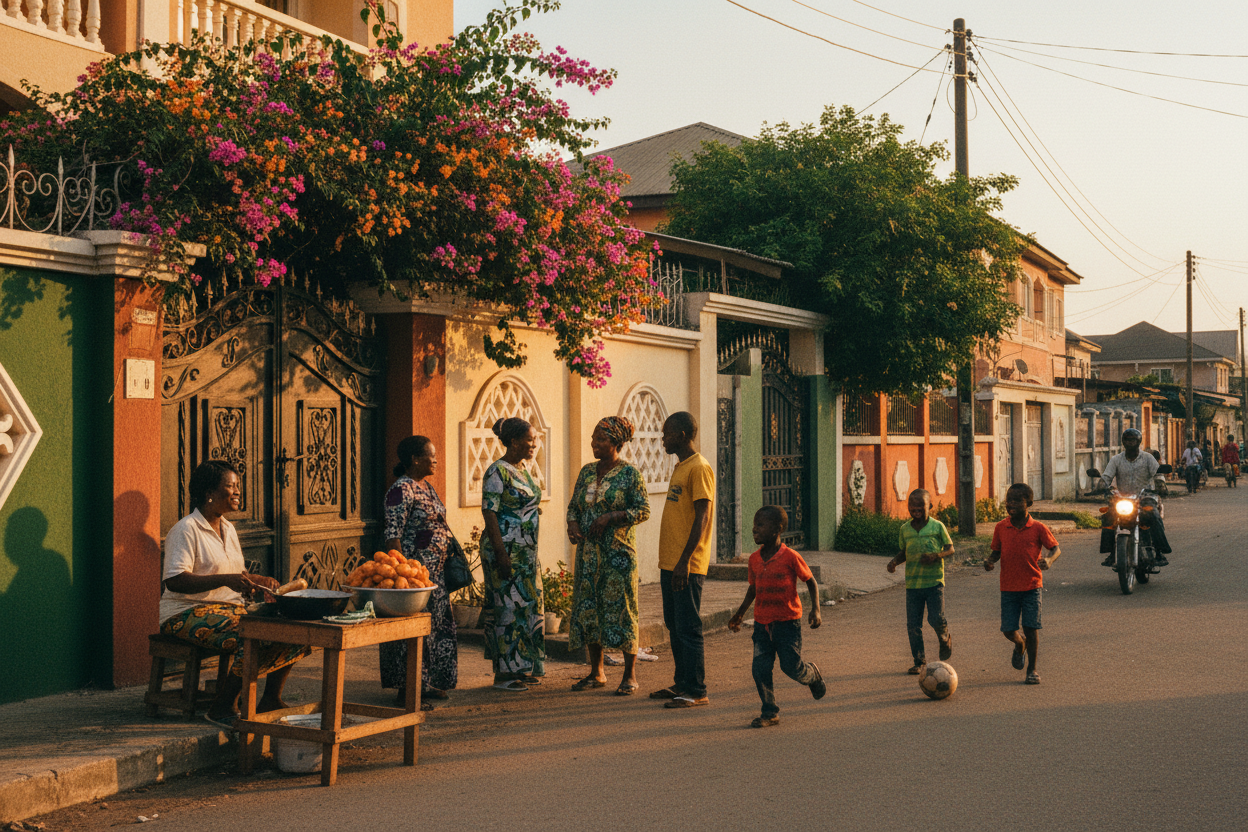 Neighbours greeting each other on a sunlit Lagos residential street at golden hour